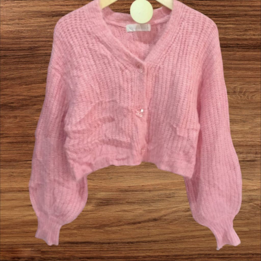 Cardigan Fuzzy warna pink, lengan Balon gemoy