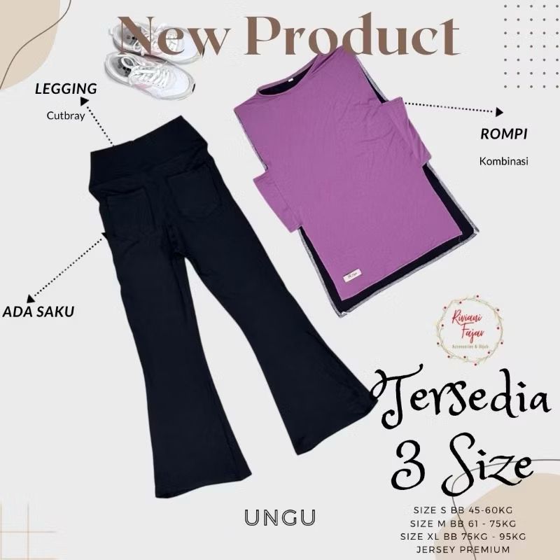 One Set Baju Olahraga 2 Warna Kombinasi Jersey Celana Cutbray Wanita Muslim Sporty