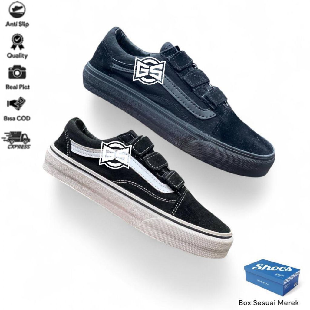 Sepatu Senaker Sekolah Kasual Hitam Putih Polos Pria Wanita Tanpa Tali Perekat Prekat Prepet Full Bl
