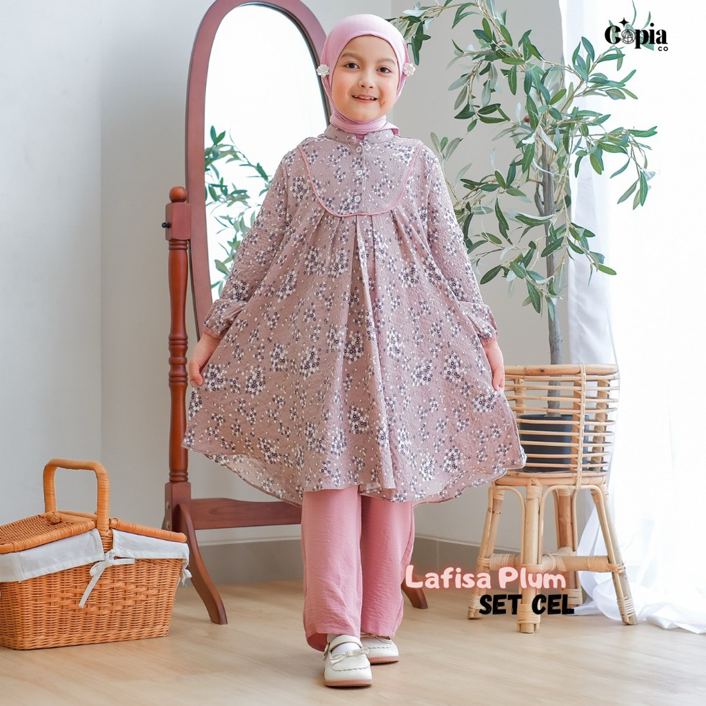 BESTPROMO Copiaco - Oneset Nafisa Setelan Anak Perempuan Long Tunik Set Celana - Umur 3 - 13 Tahun