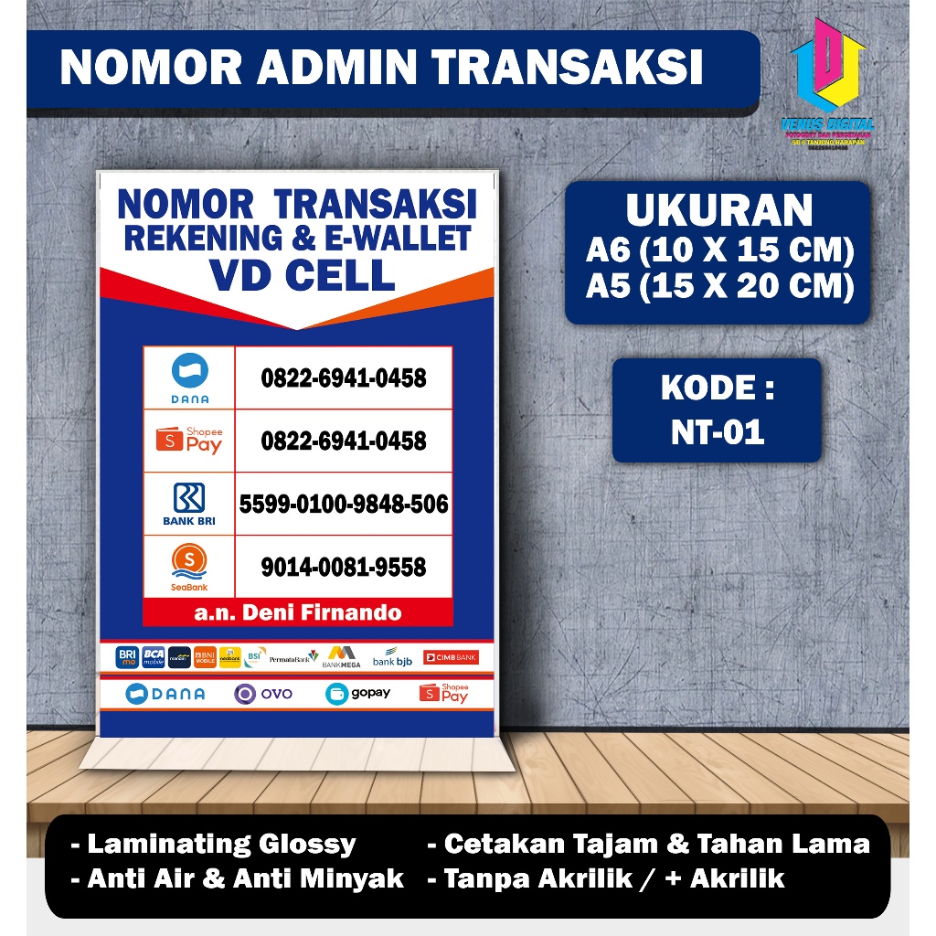 

POSTER BROSUR NOMOR ADMIN TRANSAKSI CUSTOM STAND AKRILIK UKURAN A6 DAN A5