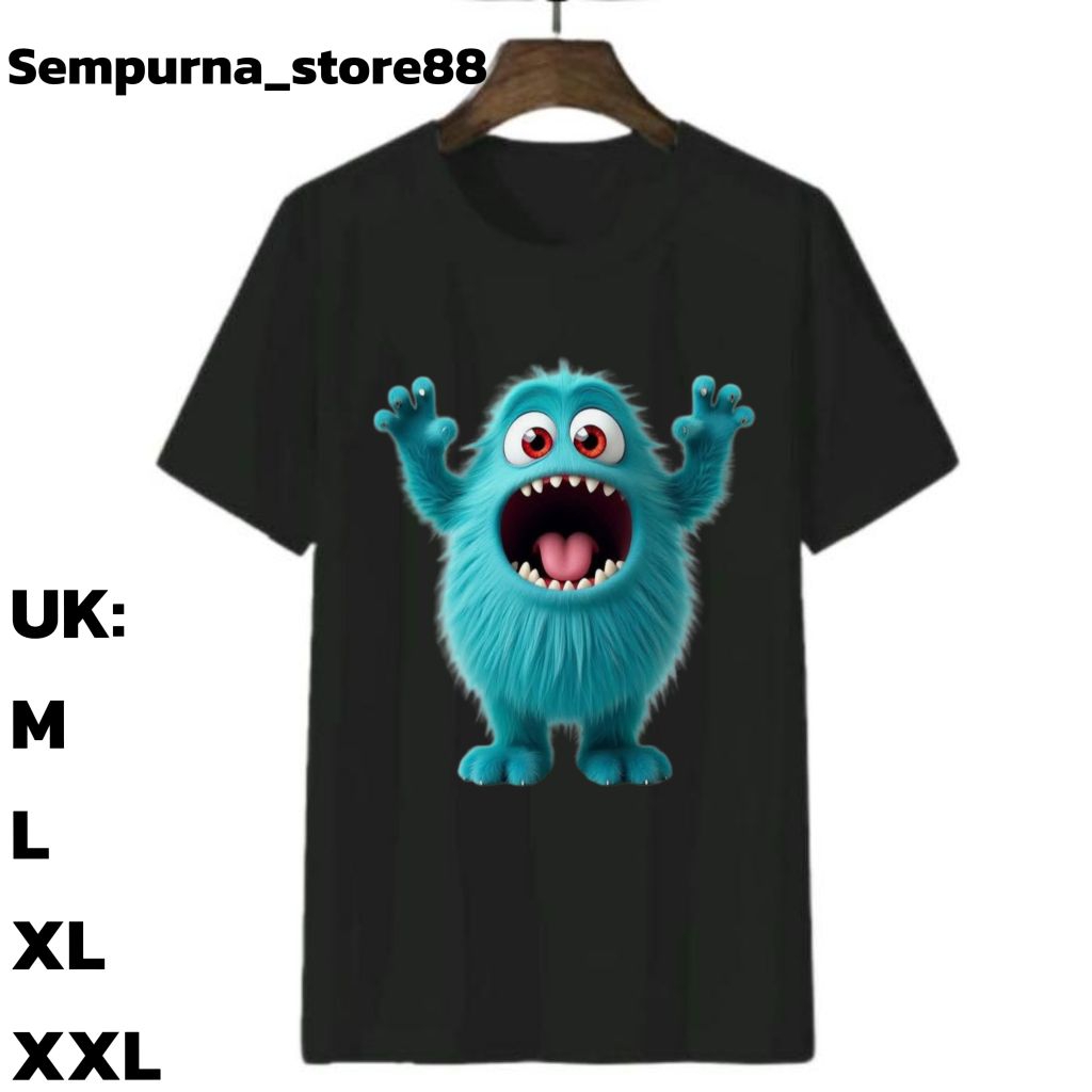 Distro atasan cowok/cewek oblong cowok/Motif Monster Biru/kaos warna hitam putih/baju cowok dewasa/k