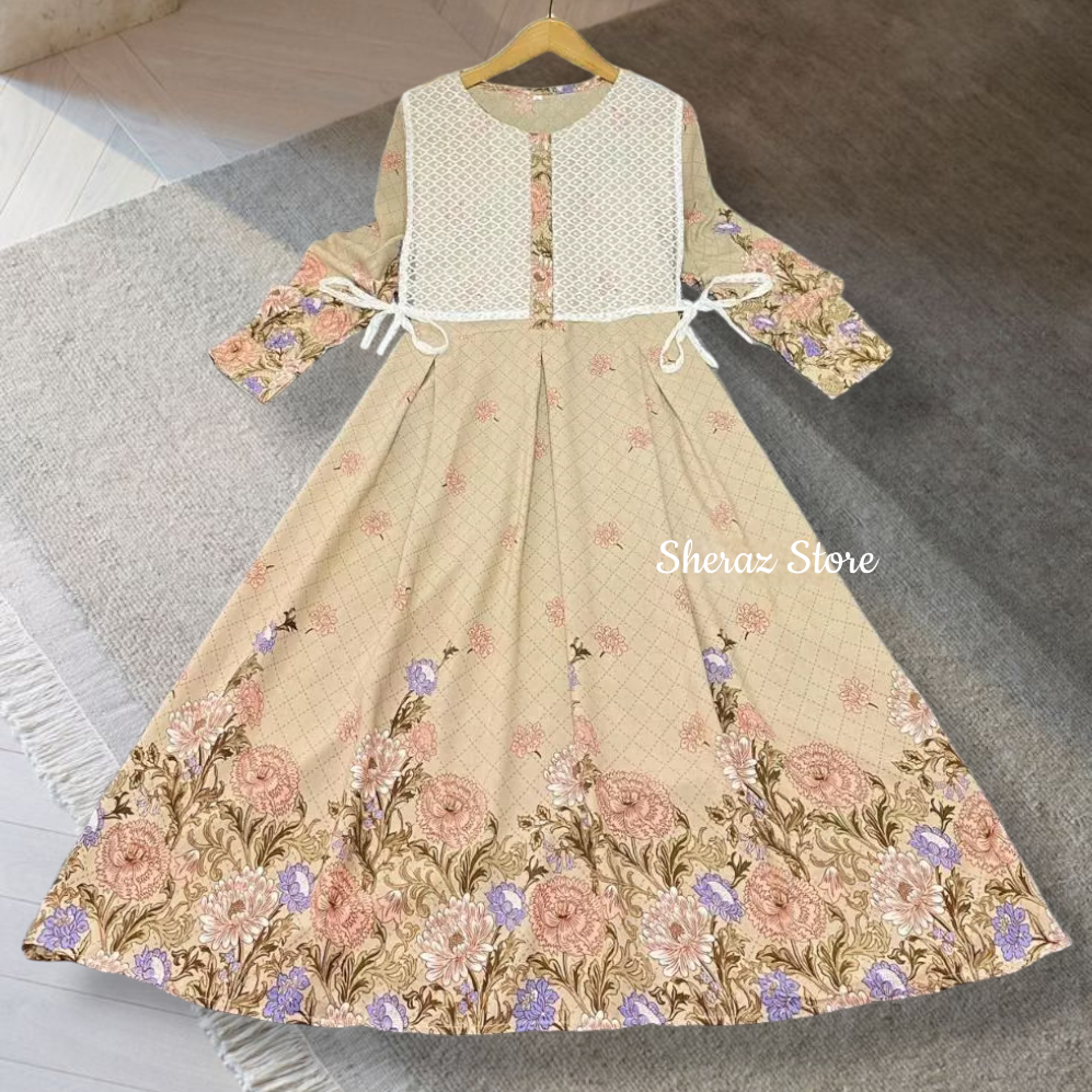 Kyra Gamis Midi Dress Wanita Remaja Kekinian Bahan Katun Rayon Motif Premium LD 110 Panjang 115