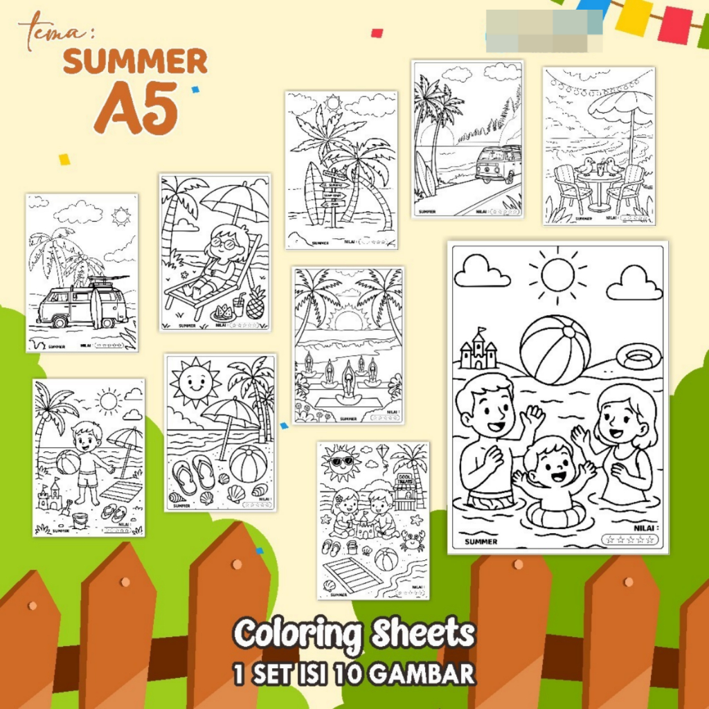 

KERTAS GAMBAR MEWARNAI TEMA SUMMER A5 READY STOCK - LEMBAR COLORING SHEETS ISI 10 LEMBAR
