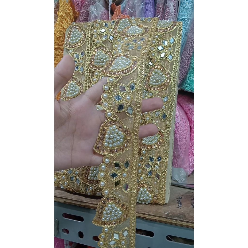 45CM renda payet india/renda full payet/renda tengah renda pinggiran/renda payet warna gold
