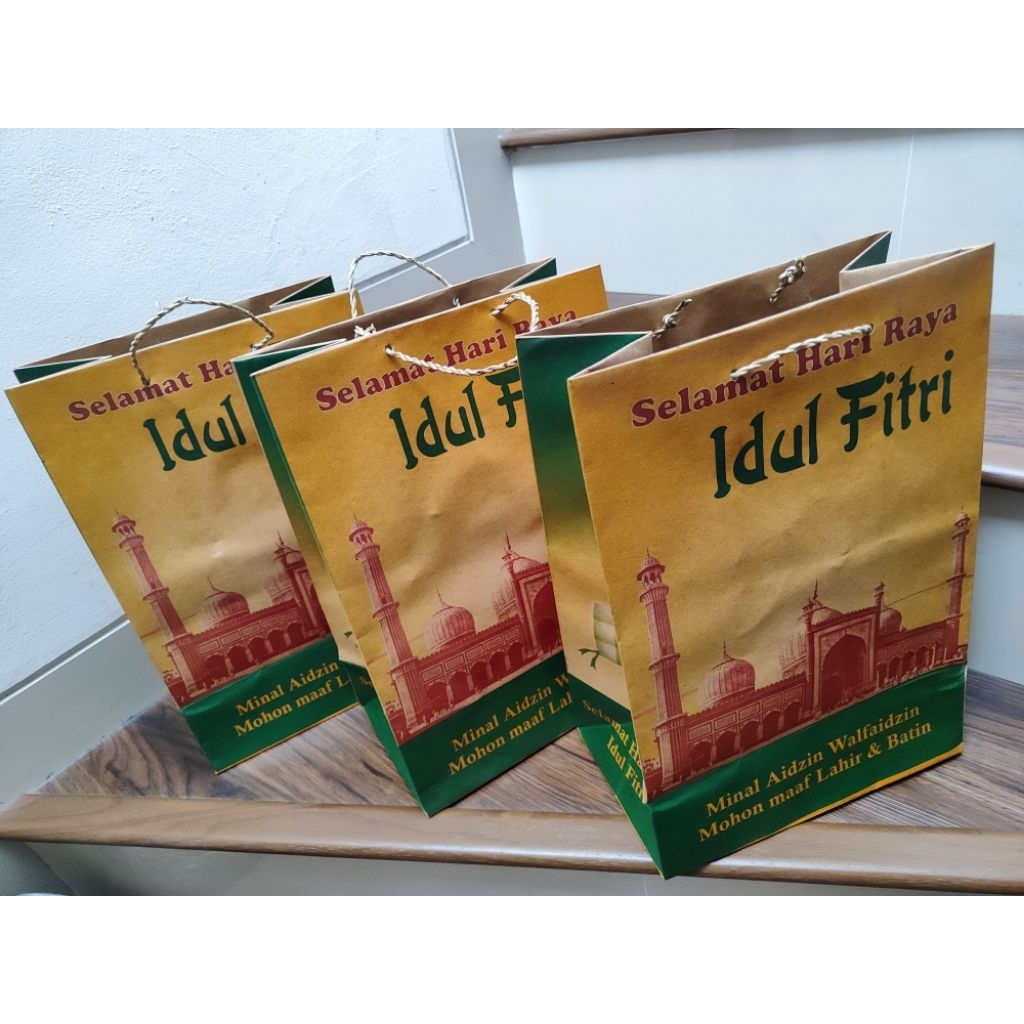 

3 Shopping bag/Paper bag dasar coklat Selamat Idul Fitri