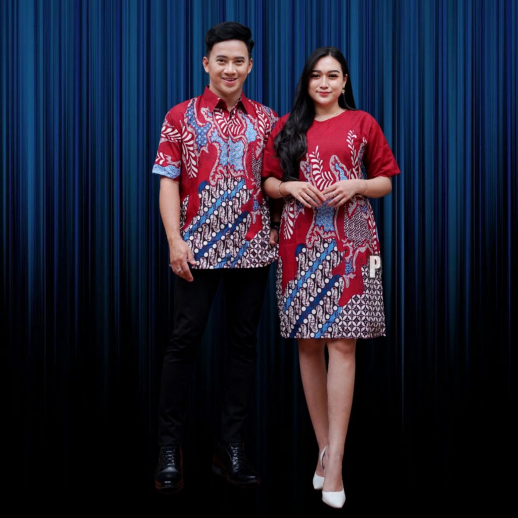 Couple Dress batik harga sepasang motif bianca merah baju couple dress batik korean style pres body 
