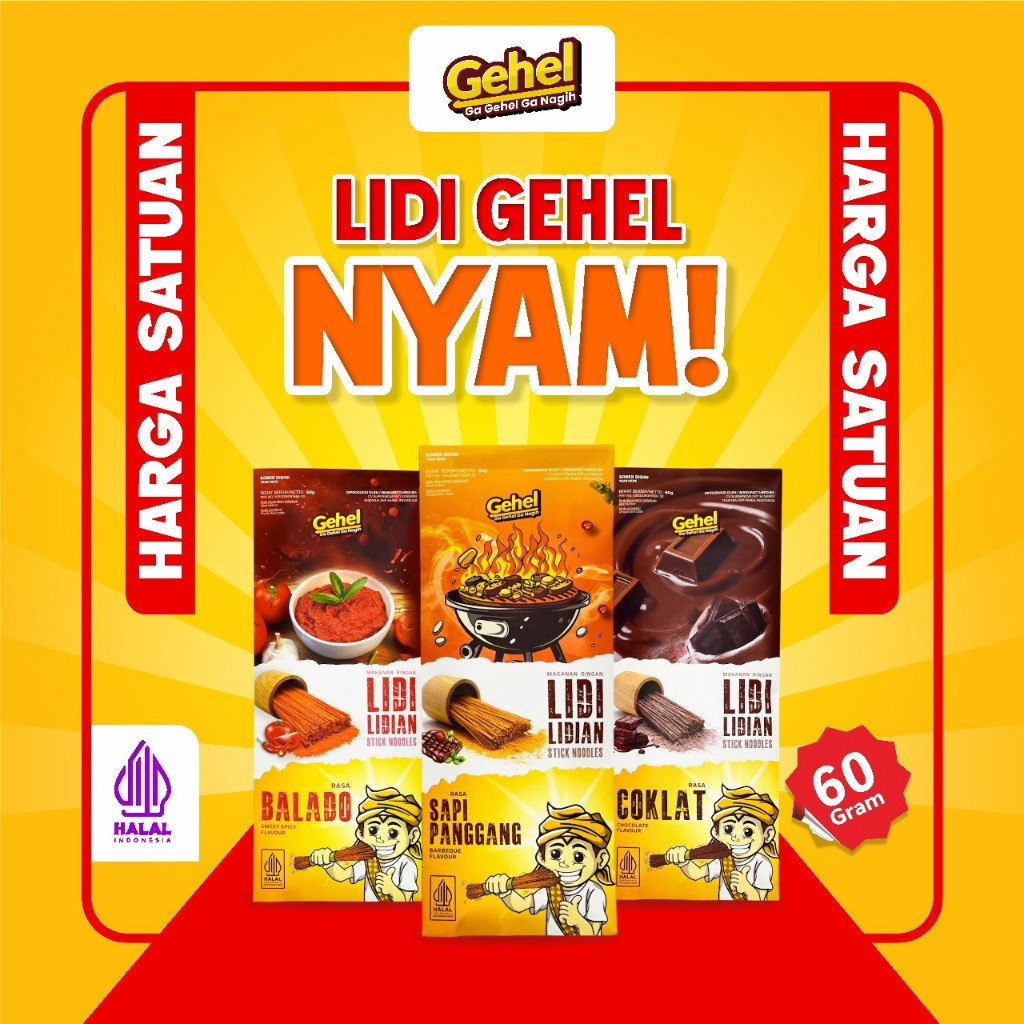 

Lidi Gehel Nyam! 60gr (Coklat,Balado,Sapi Panggang) - Makanan Instan Mie Instan