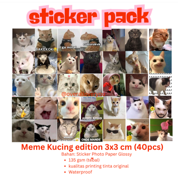 

Sticker Pack Meme Kucing Viral Edition 3x3 cm (40 pcs). Sticker photo paper glossy tebal anti air
