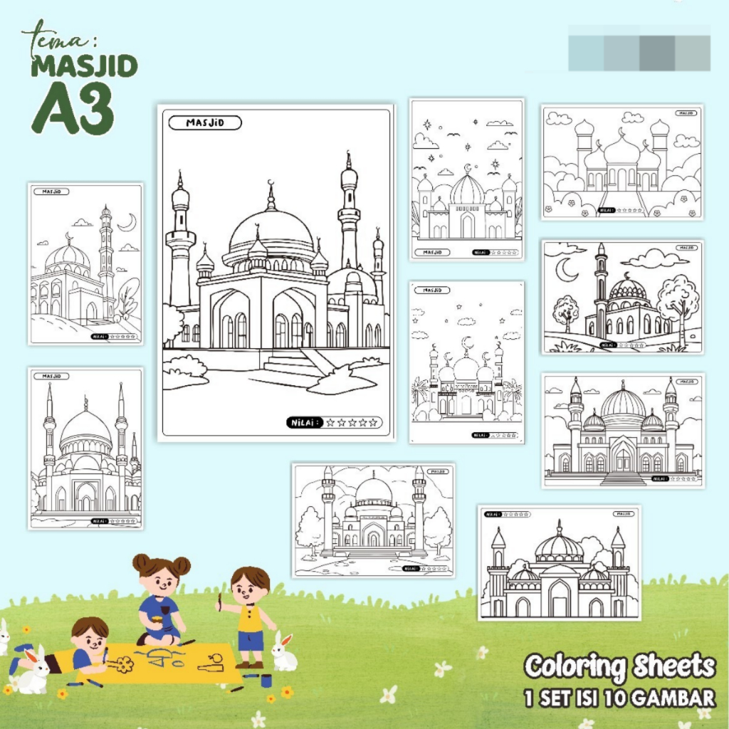 

KERTAS GAMBAR MEWARNAI TEMA MASJID - LEMBAR COLORING SHEETS FOR KIDS ISI 10 LEMBAR [A3] READY