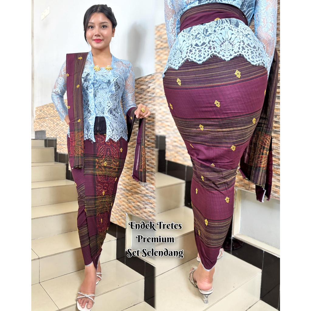 Kamen Endek Tretes Tabur Emas Include Selendang  | Warna Kuning, Pink, Ungu, Marooon, Cokelat, Putih