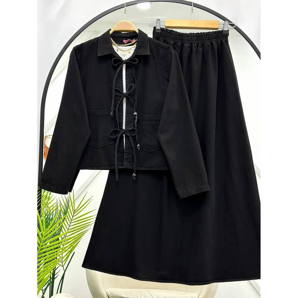 GamisSyari Dira Ribbon Jeans Set Wanita Terbaru Atasan dan Rok Set Terbaru Murah