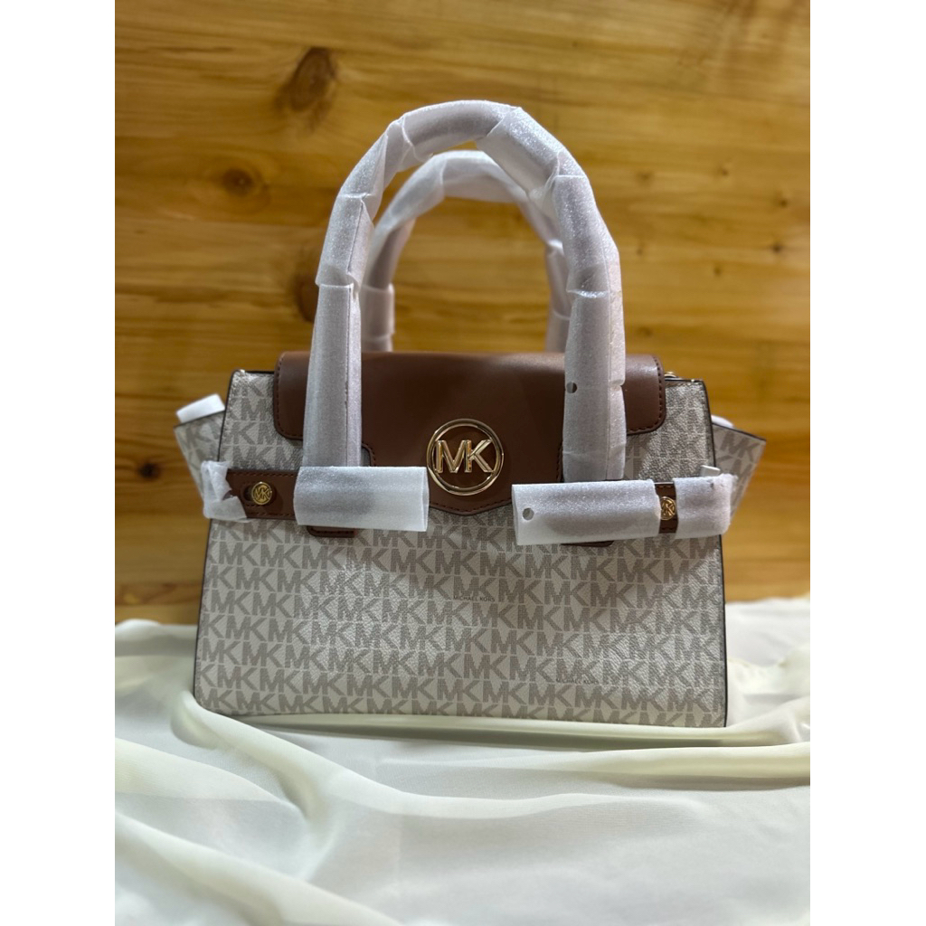 ORIGINAL Michael Kors Carmen Medium Flap Satchel Crossbody Brown MK Vanilla Signature