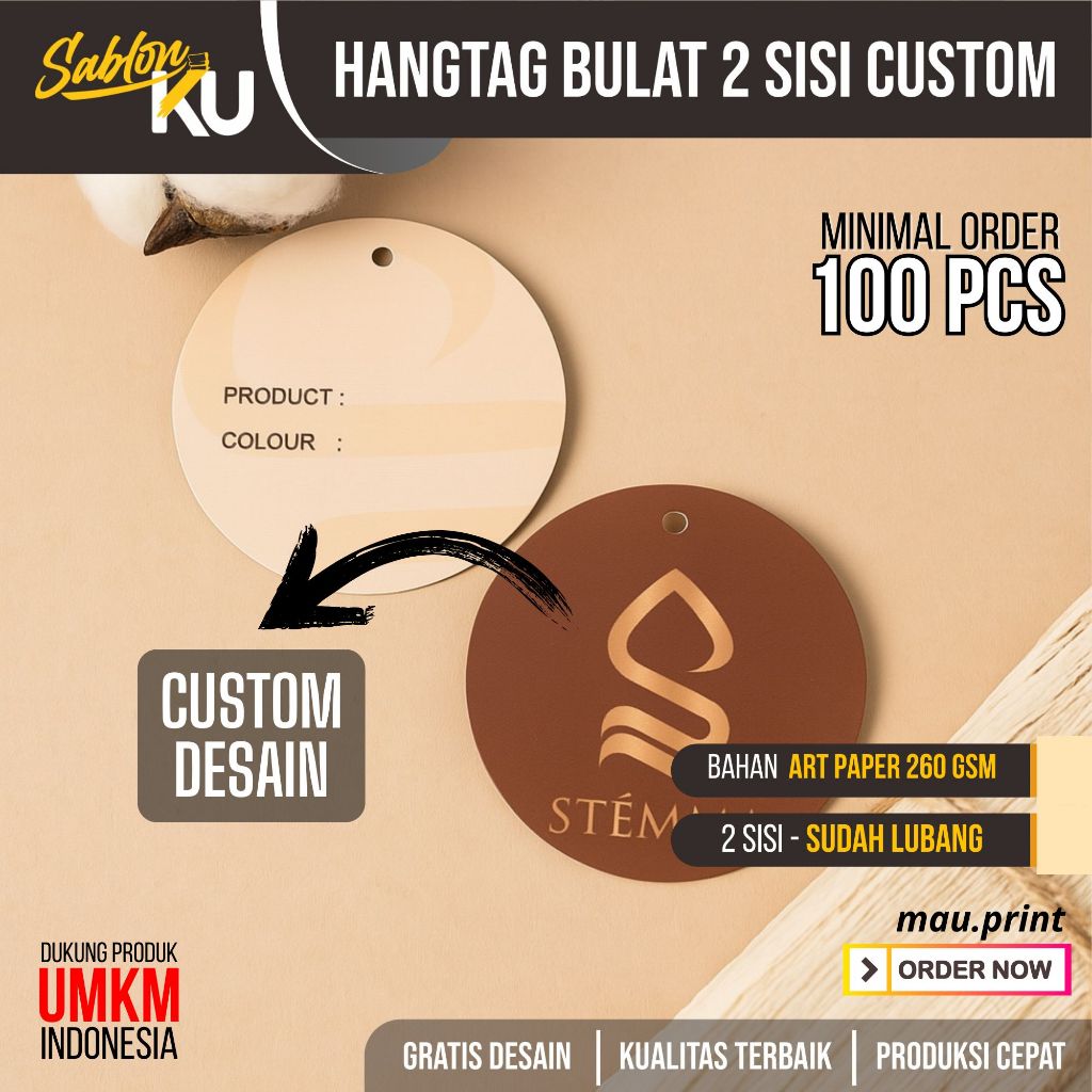 

cetak print hangtag hang tag 2 sisi bulat custom desain label merek pakaian baju fashion murah