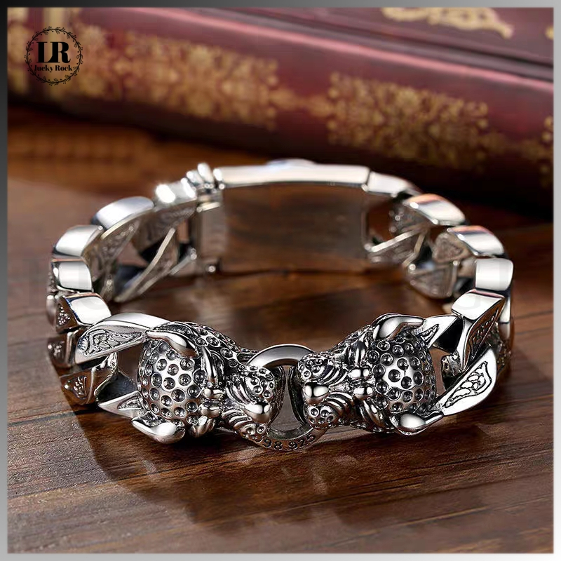 Lucky-1351 Gelang Pria Perak Thai - Gelang Pria Premium Kepala Macan Ganda, Tahan Lama Tidak Pudar, 
