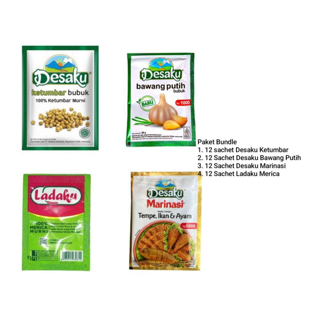 

Paket Bundle Desaku Ketumbar, Desaku Bawang Putih, Desaku Marinasi, Ladaku Merica Bubuk @12 Sachet ( 1 Renceng )
