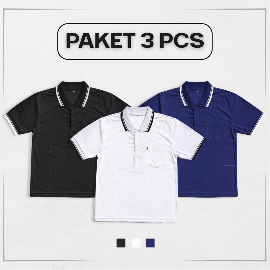 Paket 3 pcs | Kaos Kerah Polo Pria SAKU Pocket Polos / Kaos Polo Shirt Pria Lengan Pendek / Kerah Le