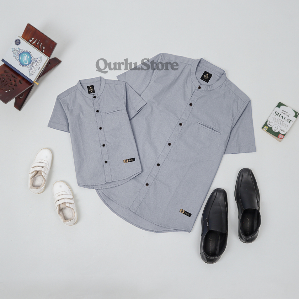 Qurlu - Kemeja Koko Dewasa/Anak warna ABU SILVER (baju couple ayah dan anak laki-laki) Baju Koko Pri
