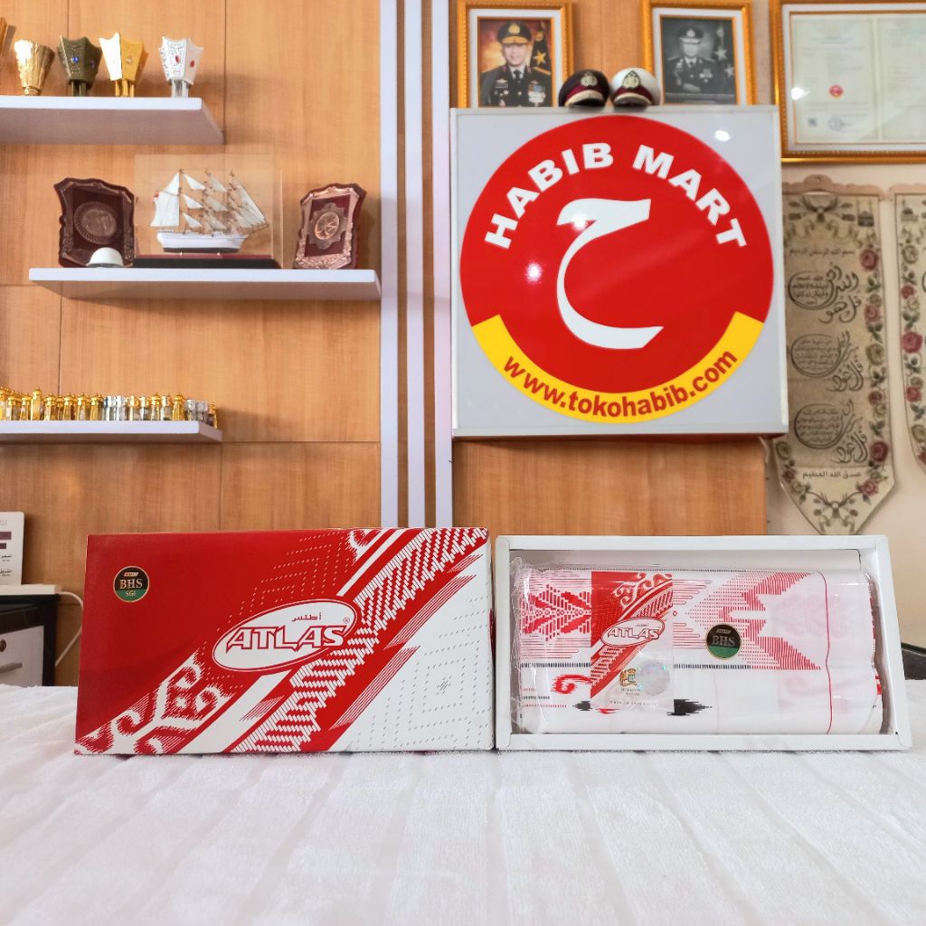 Sorban Atlas BHS Original - Sorban Premium Putih Merah Pola Eksklusif