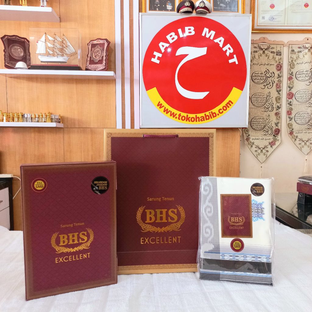 Sarung BHS Excellent ES2 5MB Putih Abu Kombinasi Biru - Sarung Tenun Elegan Pria Original