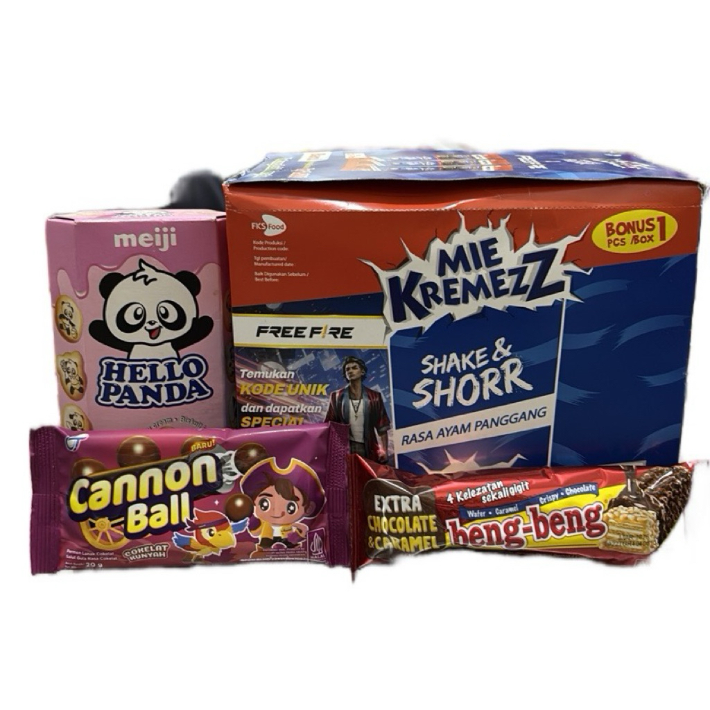 

(C4) Combo Hemat 1box mie kremezz ayam panggang, 1pcs hello panda strw, 1pcs connon ball, 1pcs beng-beng