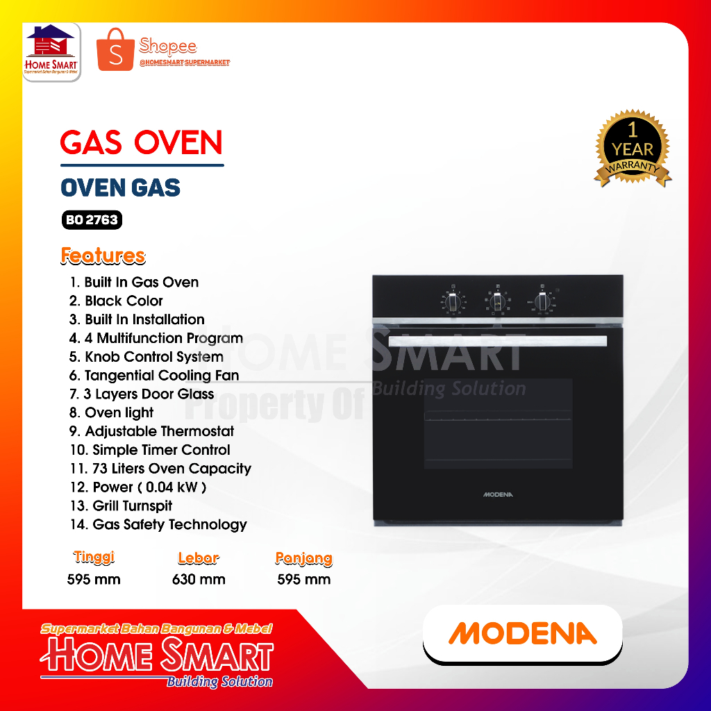 Modena Oven Gas BO 2763 BO2763 Oven Tanam / Built In Oven