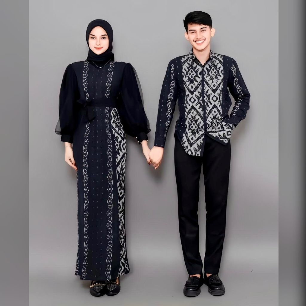 BAJU TENUN COUPLE NEW PADMA BLACK DRESS DAN KEMEJA SANJAYA TENUN IKAT