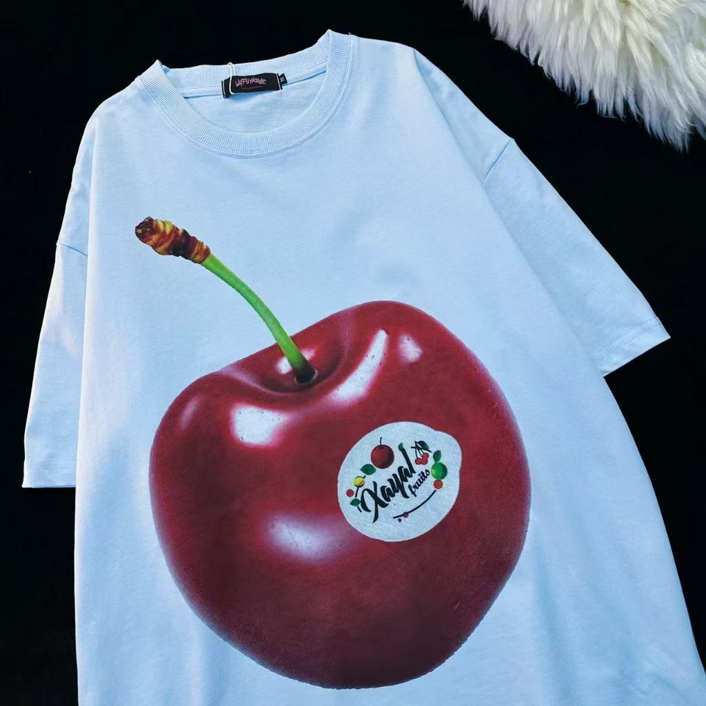 Buah cetak lengan pendek T-shirt pria dan wanita musim panas baru longgar pakaian kecil pasangan pak