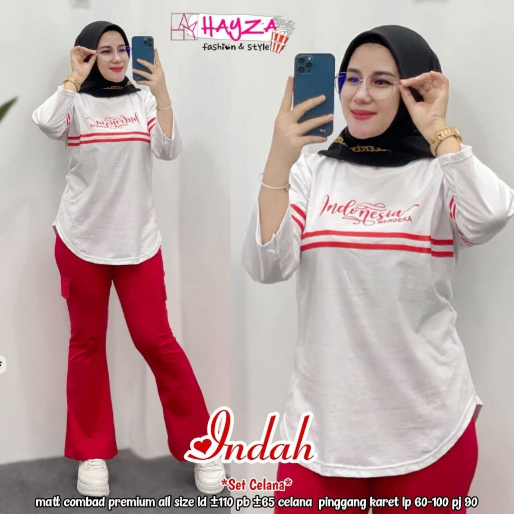 INDAH SET WANITA // KAOS SETELAN MERAH PUTIH LENGAN PANJANG