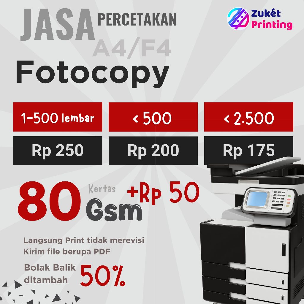 

Jasa Fotocopy & Fotocopy PRint Murah A4 F4 70 80Gsm Proses Cepat Zukét Printing