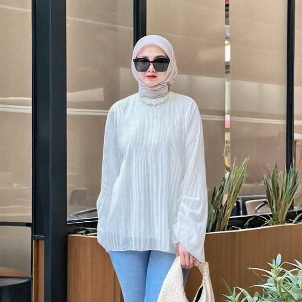 FANMU Blouse Plisket Lengan Balon Wanita | Atasan Putih Polos Premium Wanita