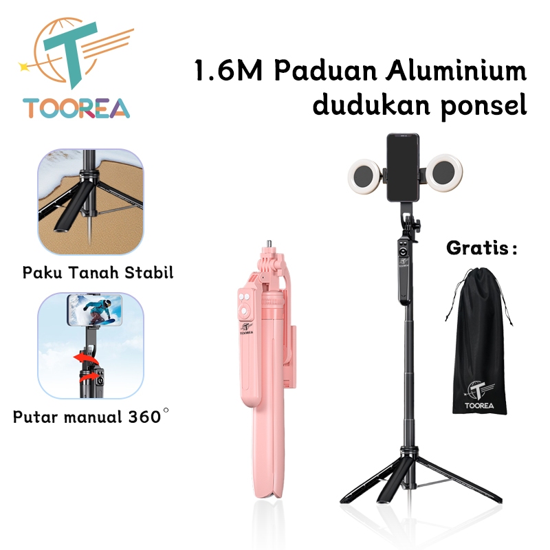 TOOREA D16 Tongsis Tripod 7 Tombol Bluetooth Multifungsi Aluminium Selfie Stick Portabel 160CM Anti 