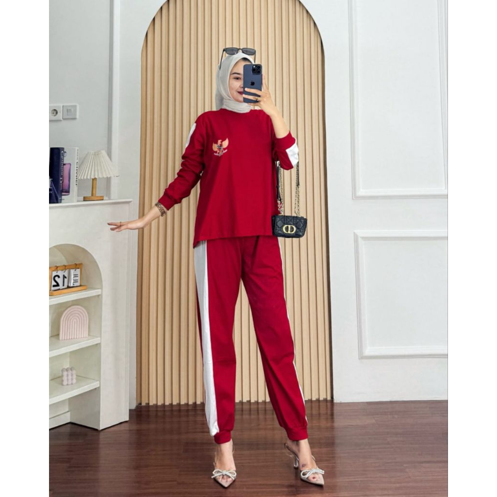 Stelan One Set Merdeka Merah Putih Bahan Scuba Stelan 17 Agustus Terbaru 2025 One Set Mewah JumboXXL