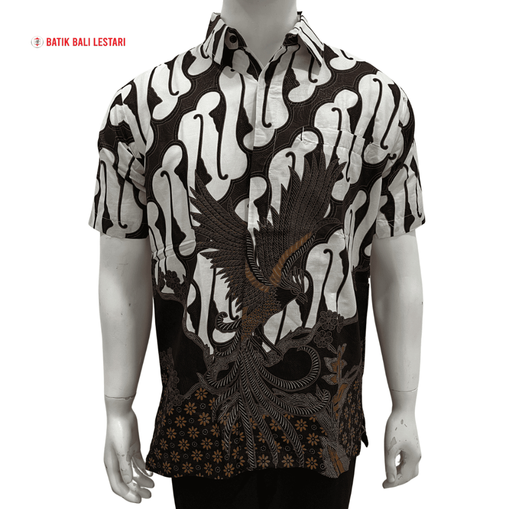 Batik Bali Lestari Batik Pria Lengan Pendek Katun Foil Prada Putih (MM01)