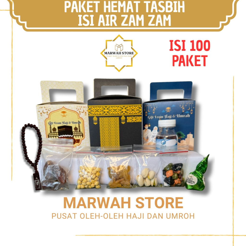 

Paket Oleh-oleh Haji dan Umroh Paket Hemat 100 pcs Dus Ka'bah Lengkap Air Zamzam Tasbih