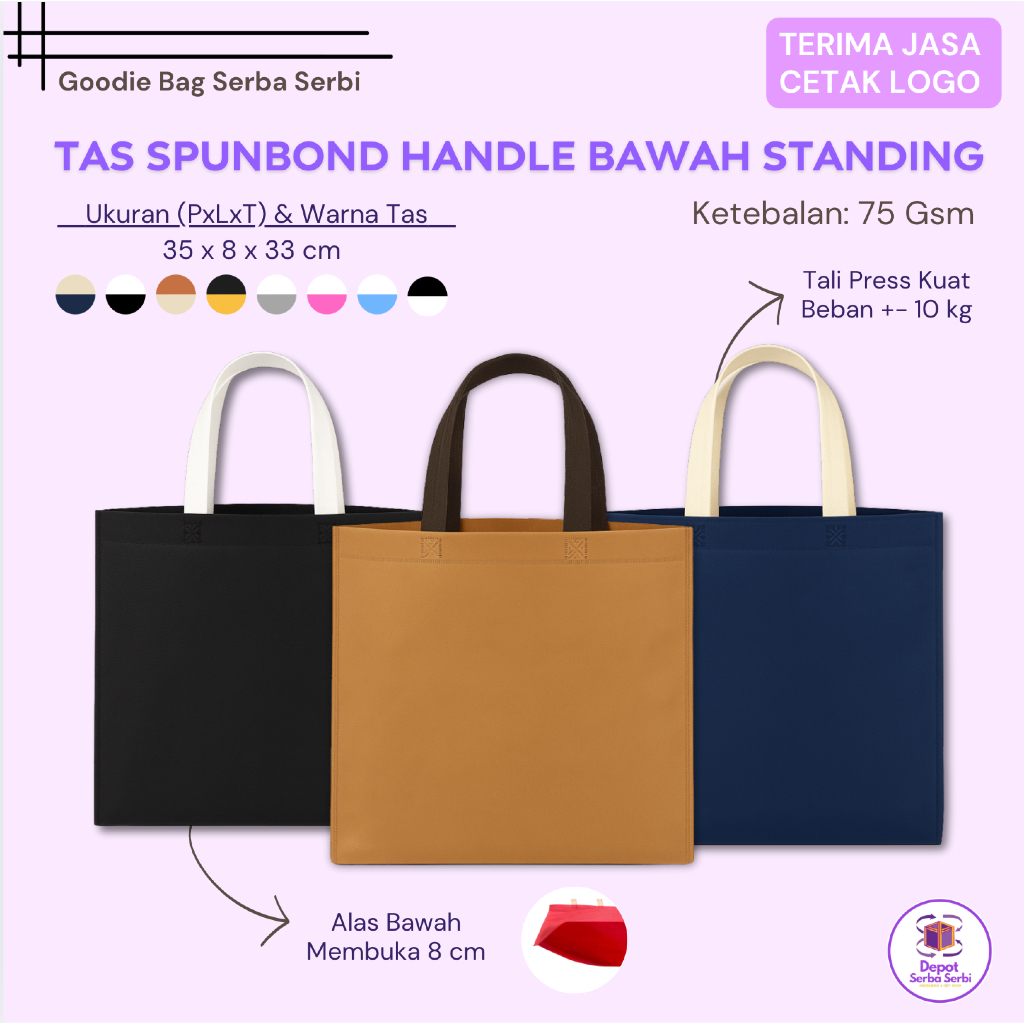 

Goodie Bag Tas Belanja 33x35 Bahan Kain Spunbond Alas 8 cm 75 gr Untuk Suvenir Ulang Tahun Hajatan