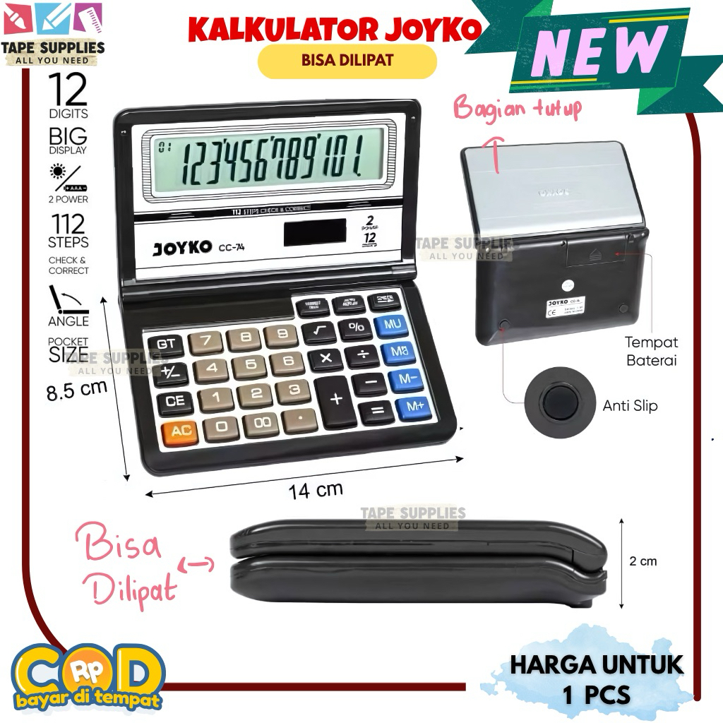 

(BISA DILIPAT) Kalkulator JOYKO Check & Correct CC-74 - Calculator Lipat Saku BIG LCD 12 DIGITS