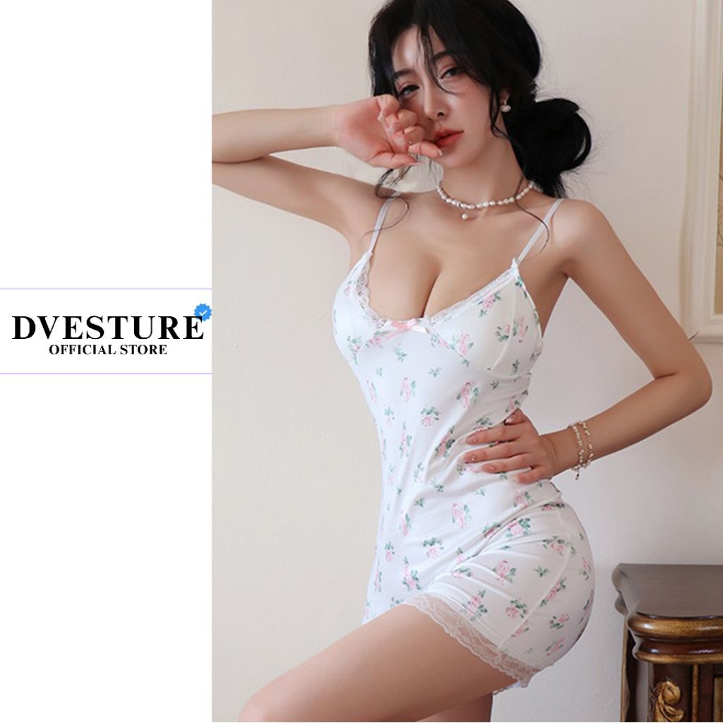 Lingerie Set Dress D-155 All Size / Big Size Baju Tidur Wanita Korea Motif Bunga Plus Busa Dada Dves