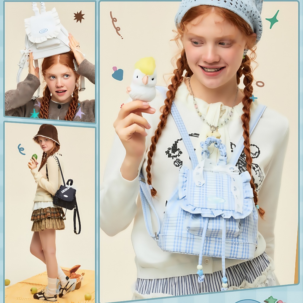 Tas Ransel Renda Korea/Tas Ransel Kotak-Kotak Lucu/Ransel Siswa Populer/Fashion Kekinian Backpack/Ta