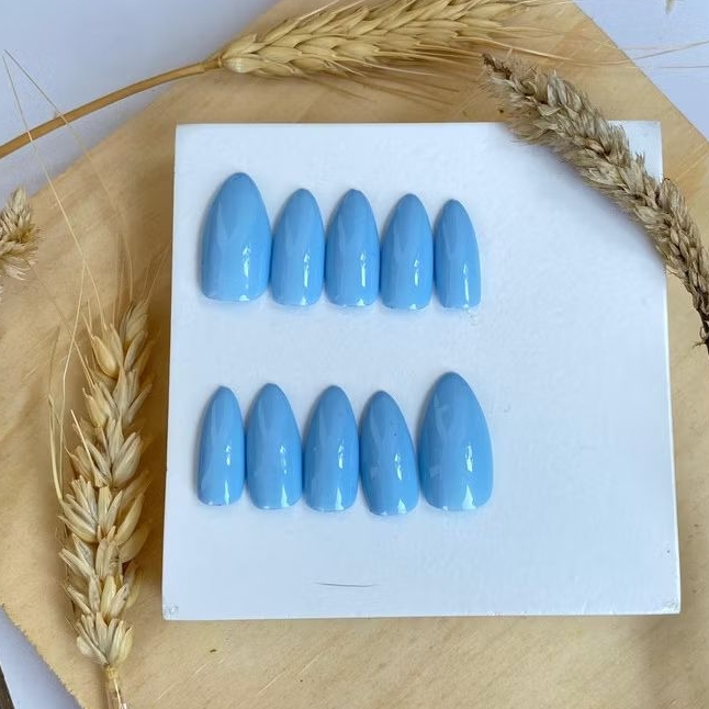 [FREE LEM] Kuku palsu nail art + lem| Press on nails warna biru soft| Fake nails| Nail art| Kuku pal