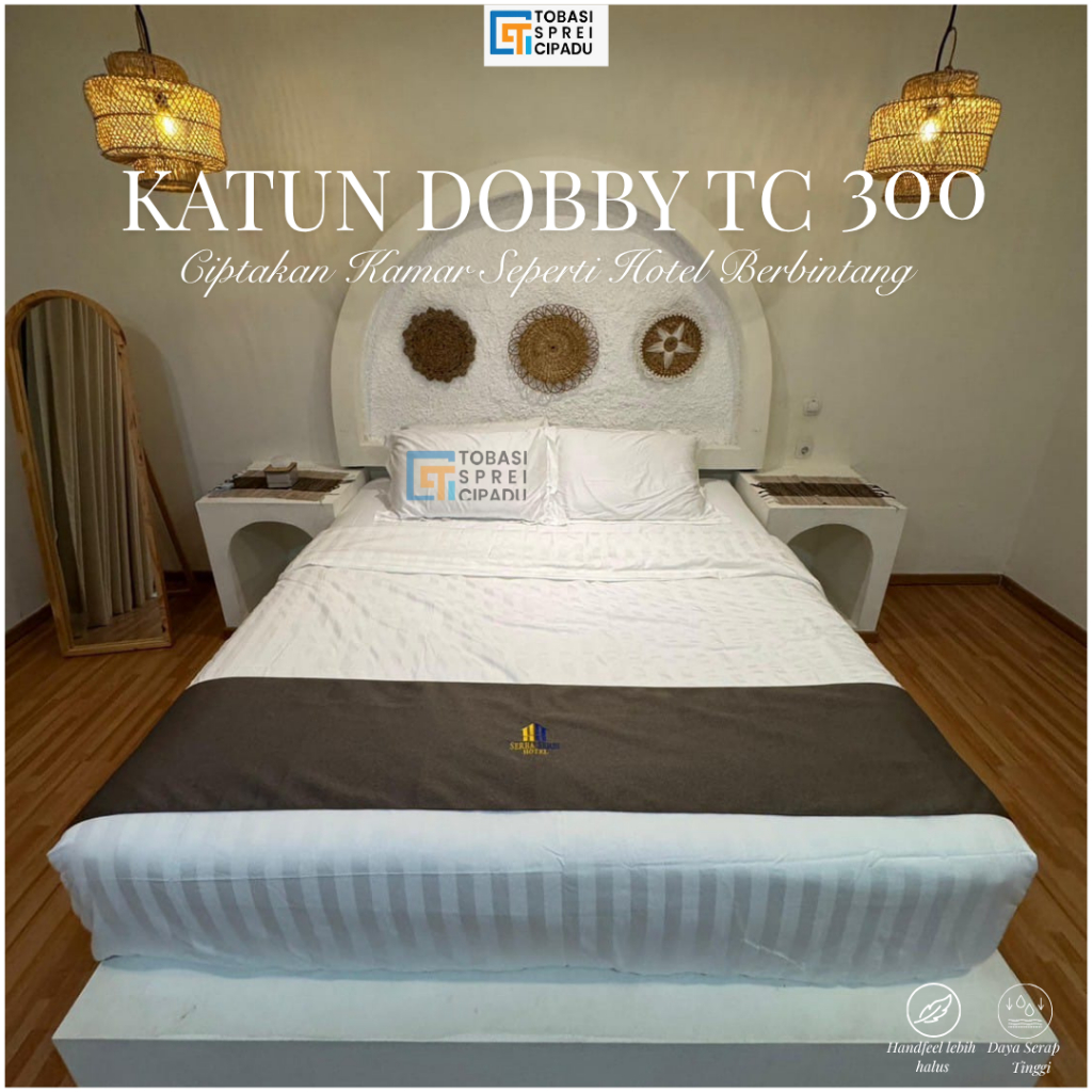 Bedcover set Sprei Hotel Putih Garis Katun Dolby TC 300 Ukuran 100x200 120x200 - Sprei Katun Dobby