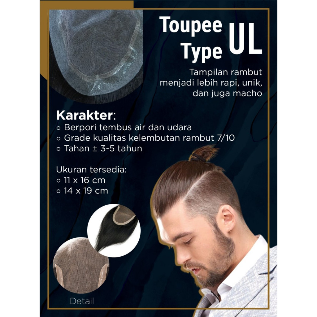 Hair toupee wig pria wanita rambut original asli 100% PREMIUM (UL11/14)