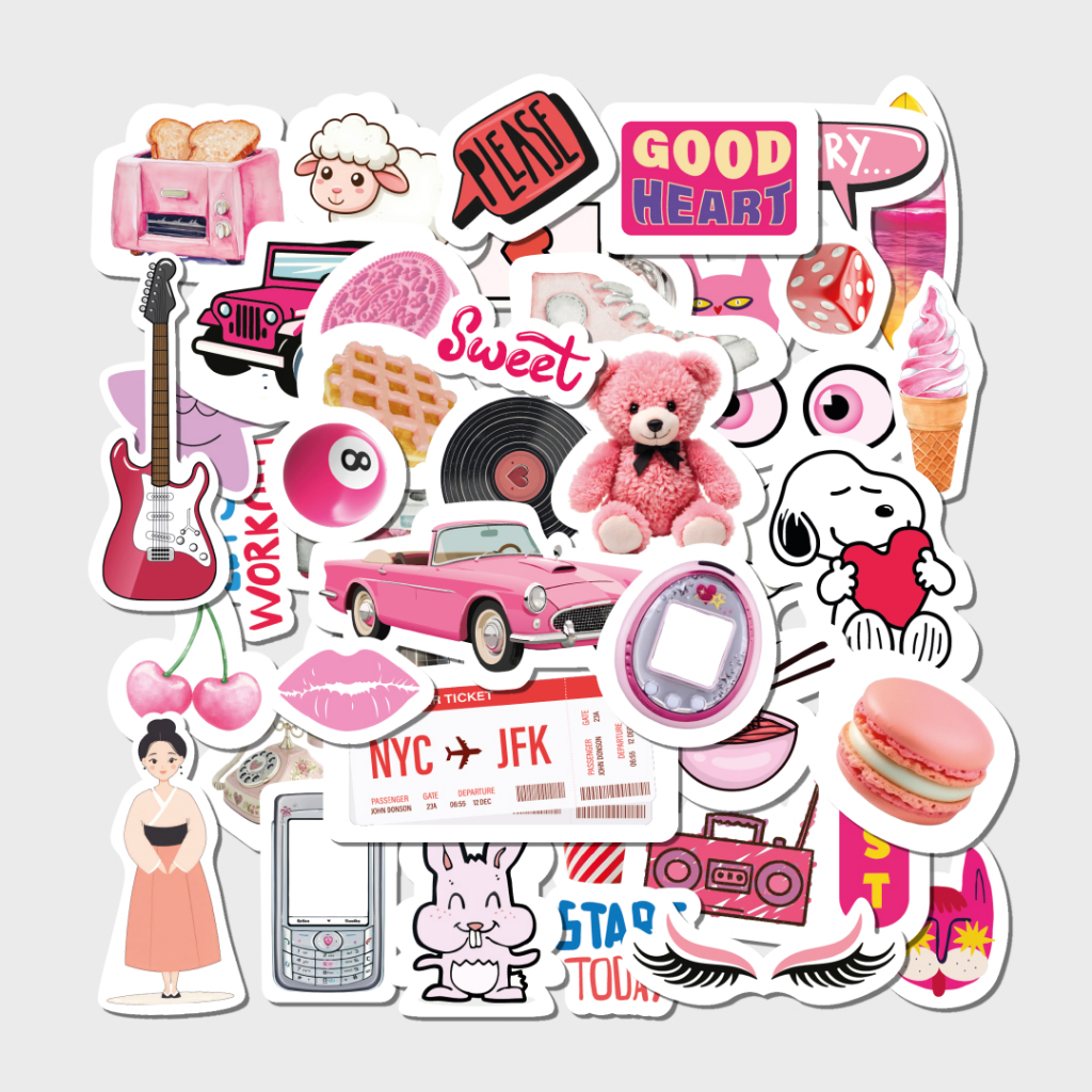 

50 pcs Stiker Pink Aesthetic Vintage Lucu - Water Resistant Sticker Pack untuk Dekorasi DIY, Laptop, Jurnal, Case HP dan Tab