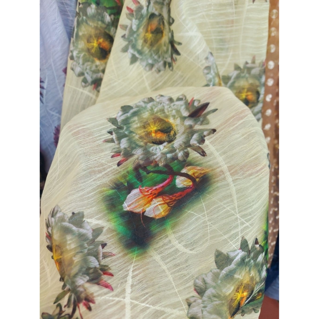 kain organza meteran  - kain organza antik  - kain organza motif bunga ( pastel yellow) nv