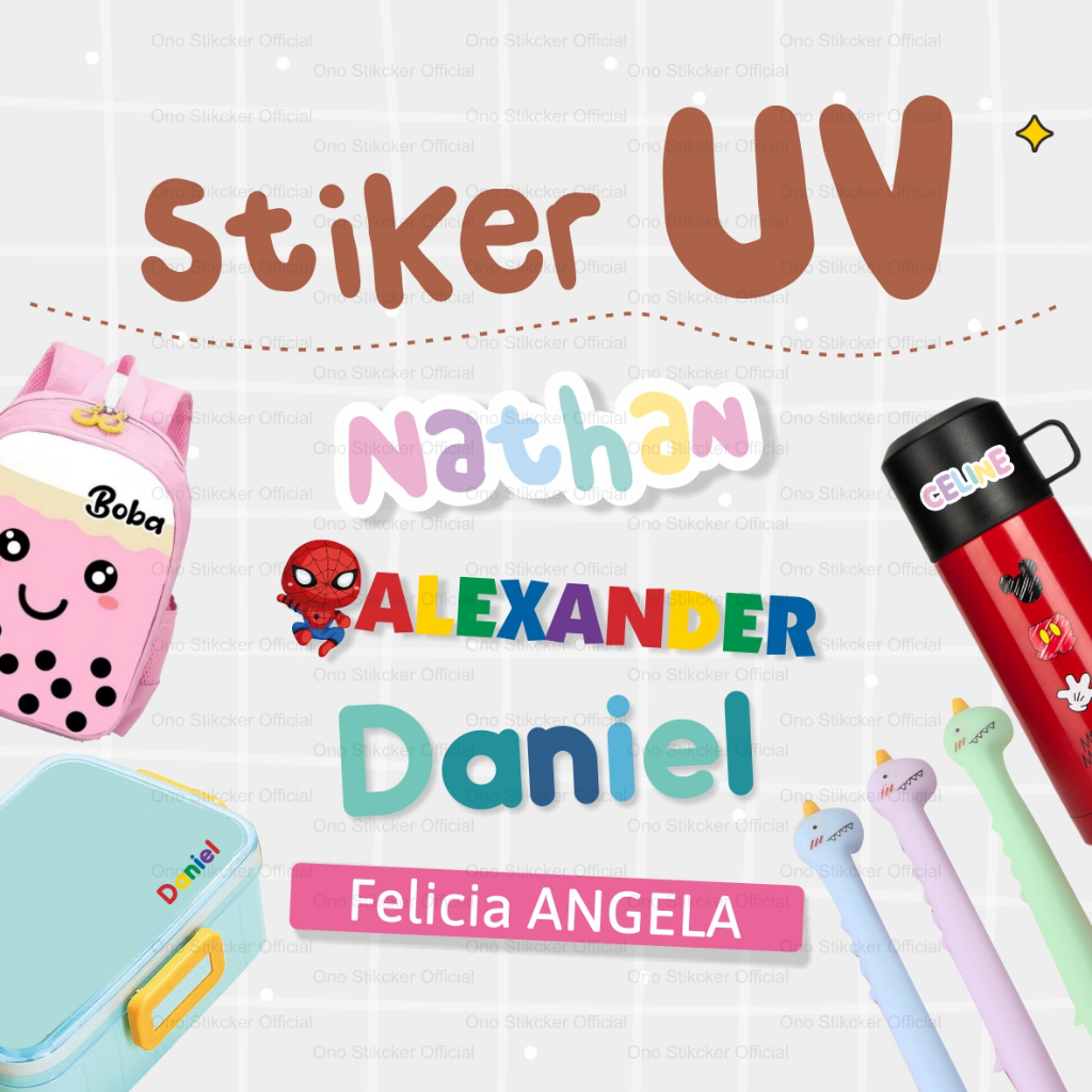 

Stiker UV Timbul Custom Nama Anak Tahan Lama Tahan Air Back To School Pulpen Tepak Makan Botol Tas Sekolah
