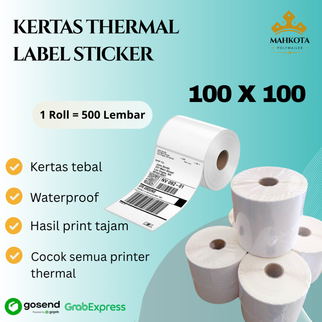 

Kertas thermal Label Sticker Resi 100x 100 x 500 roll (1 DUS ISI 36) Tinggal Tempel, Anti Air, Cetak Jelas 1 Roll 500 lembar Direct Thermall Tanpa Tinta Label Pengiriman !