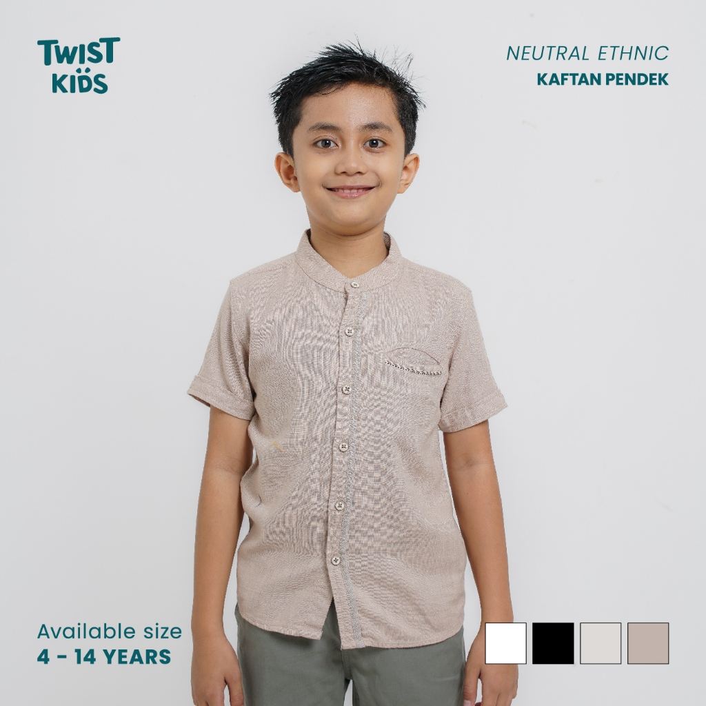 Twist Kids - Fathan C, Neutral Ethnic, Kemeja Koko Lebaran Anak Laki-Laki 2025 Polos Lengan Pendek