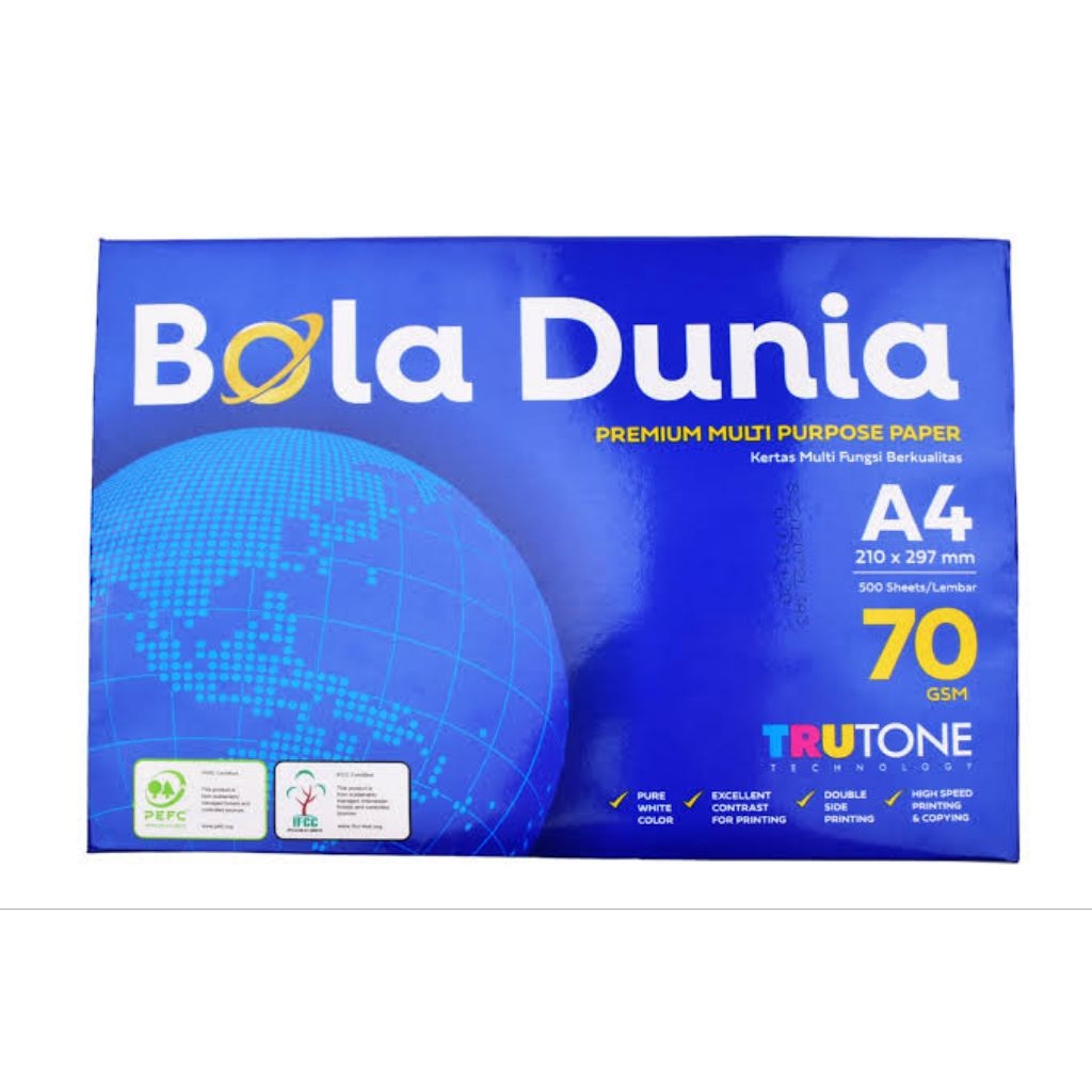 

KERTAS HVS / KERTAS PHOTOCOPY A4 70GR BOLA DUNIA