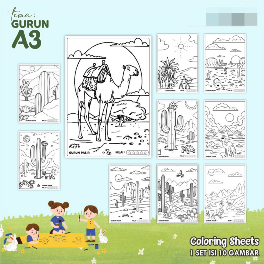 

KERTAS GAMBAR MEWARNAI TEMA GURUN - LEMBAR COLORING SHEETS FOR KIDS ISI 10 LEMBAR [A3] READY
