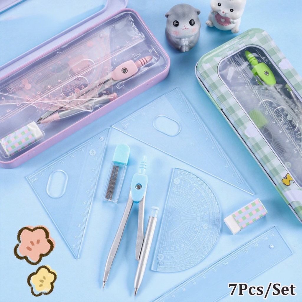 

7PCS Kompas Set Matematika + Kotak Pensil Logam Tahan Lama / Alat Tulis Sekolah Compass Rulers Protractors